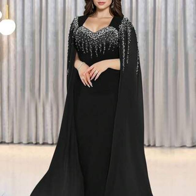 SHEIN Elegant Sparkling Rhinestone Women&#39;s Extra Long Sleeve Long Dress Birthday Party Graduation Prom