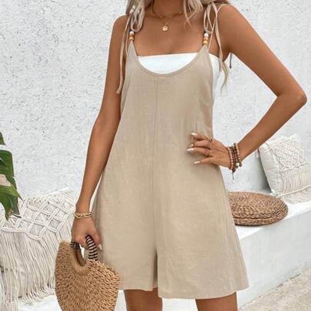 SHEIN Solid Color Cotton Textured Wooden Beads Tie-Up Wide Leg Women Jumpsuit
