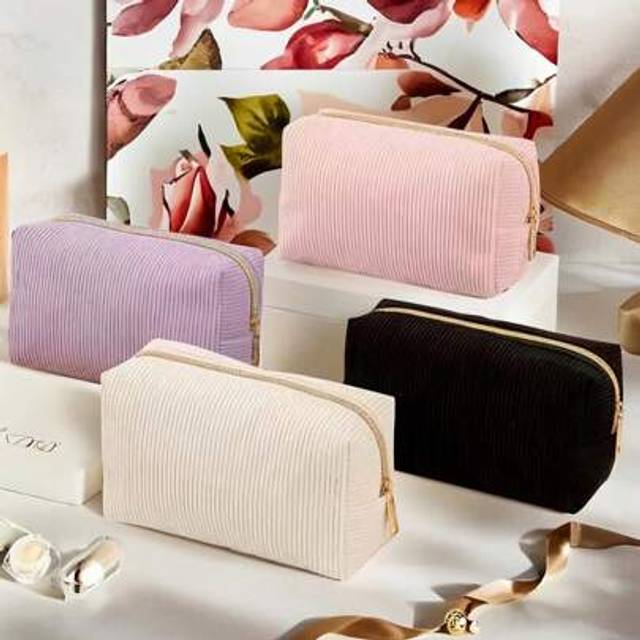 SHEIN 1pc Large Capacity Corduroy Makeup Bag, Bow Pattern Simple Solid Color Pencil Pouch, Essential Supplies For Student Stationery Storage,Cute Multifunct