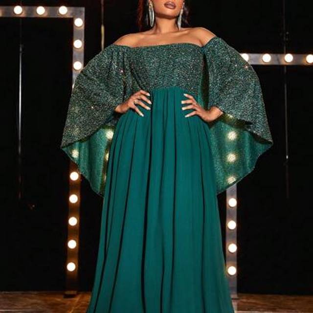 SHEIN Plus Size Off Shoulder Exaggerated Flare Sleeve Spliced Formal Evening Dress For Women,Party Dress,Gown,Wedding Guest