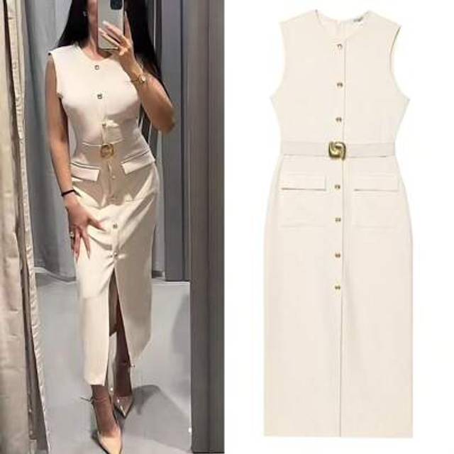 SHEIN Women Dresses Black Office Long Dresses For Women Spring Sleeveless Midi Dress Woman Belt Button Women&#39;s Dress Vest