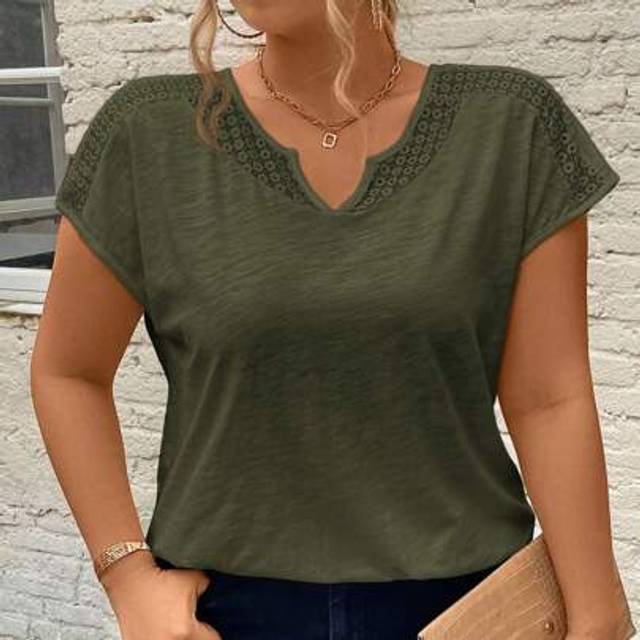 SHEIN Summer Lace Splicing Vacation Plus Size V-Neck Tee With Cut-Out Details