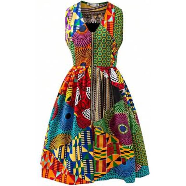 SHEIN African Ankara Print Zip Up Sleeveless Midi Dress Random Print