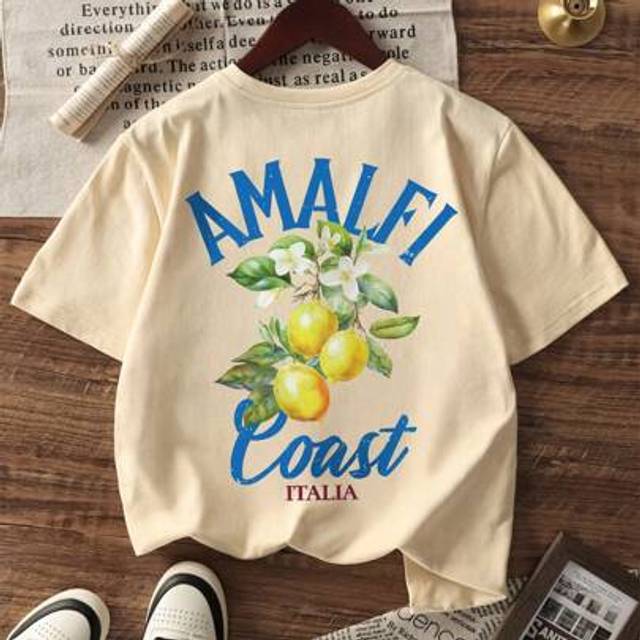 SHEIN Ladies&#39; Spring And Summer New Lemon Print Daily Casual Round Neck Short Sleeved T-Shirt Fashionable, Beach Vacation. Graphic Tee