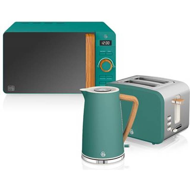 Swan Nordic frukostset, vattenkokare, 1,7 l, 2200 W, brödrost med bred slits, 2 skivor, digital mikrovågsugn 20 l, modern design, träutseende, grön