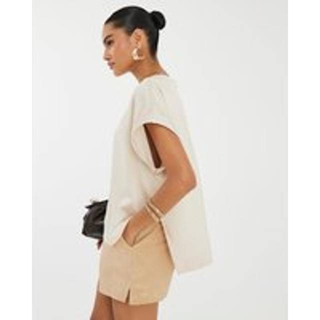 River Island Womens Beige Satin Short Sleeve Turn Up Cuff T-Shirt - 18