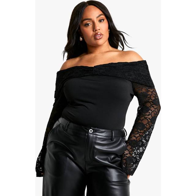 Womens Plus Lace Ruched Overlay Stretch Bodysuit - Black - 24, Black