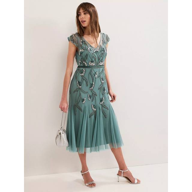 Phase Eight Evonne Cap Sleeve Beaded Midi Dress, Pale Green