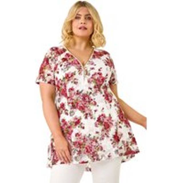 Floral Lace Zip Front Blouse - Red - 18