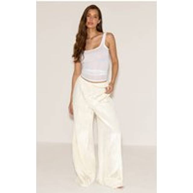 Cream Crinkle Satin Drawstring Low Rise Trouser, White - 14
