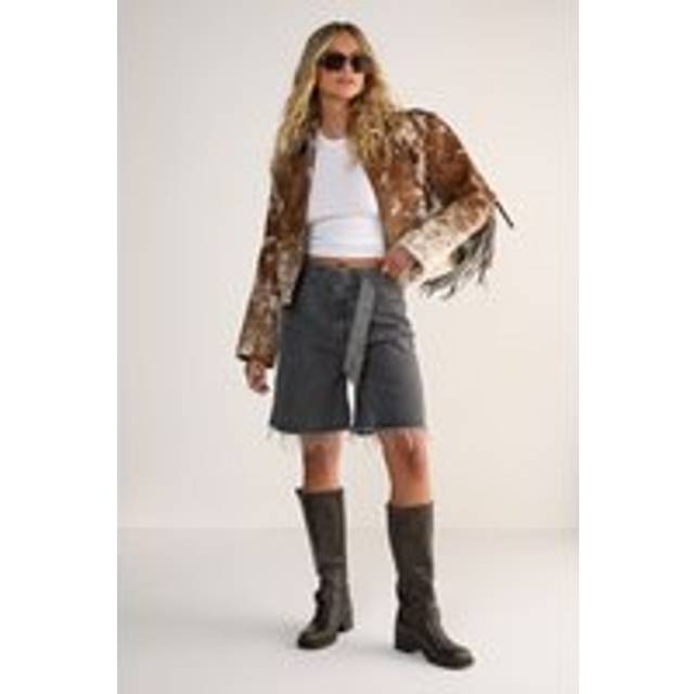 Womens Frayed Belted Denim Shorts - Grey - 10