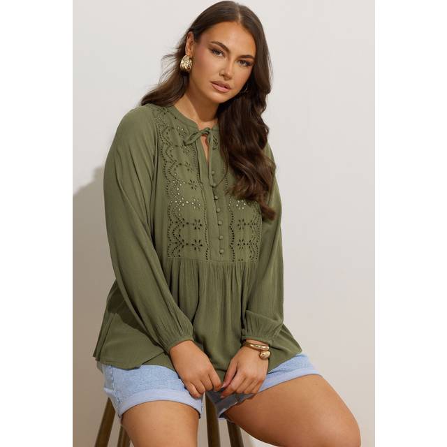 Yours Curve Khaki Green Broderie Anglaise Tie Neck Blouse, Women's Curve & Plus Size, Yours - 30-32