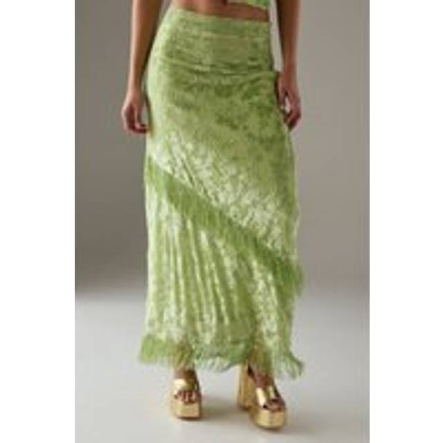Womens Devore Fringe Detail Midi Skirt - Green - 14