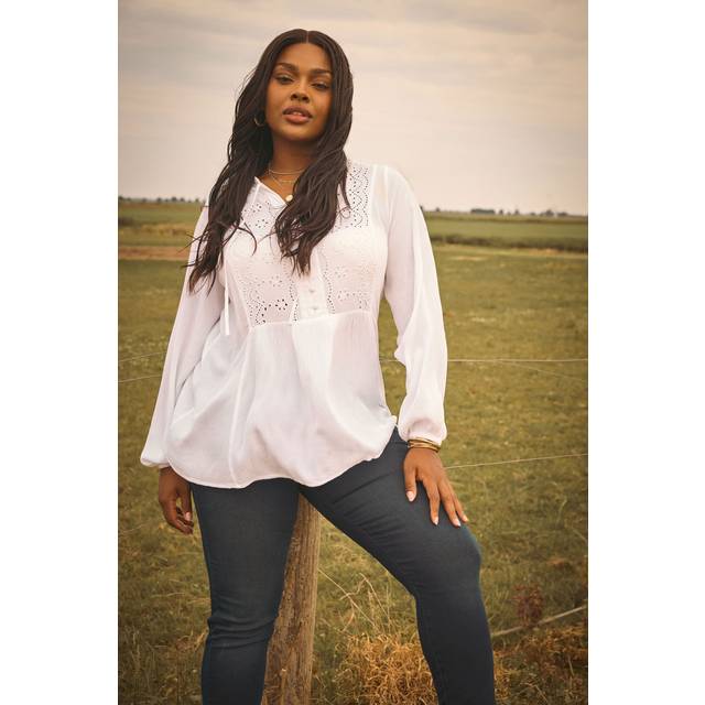 Yours Curve Cream Broderie Anglaise Tie Neck Blouse, Women's Curve & Plus Size, Yours - 34-36