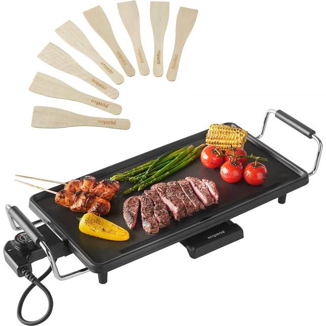 Emperial Teppanyaki Grill Large 2000W - Electric BBQ Grill with Non-Stick Plate, Adjustable Temperature, Drip Tray & 8 Spatulas - Matte Black (46cm W X 26cm D)