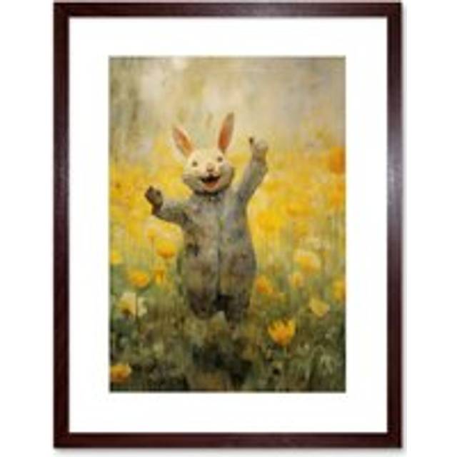 Wall Art Print Tulips and Rabbit Watercolour Fun Kids Baby Nursery Artwork Framed 9X7 Inch - Brown - W7 inch x H9 inch