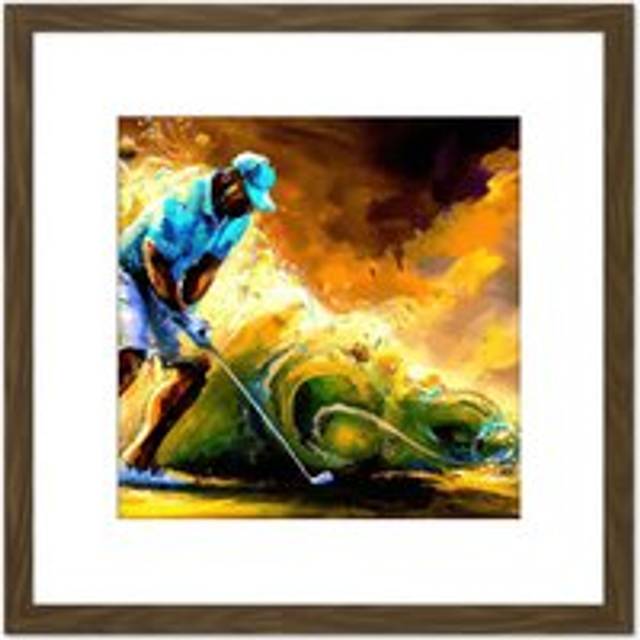 Abstract Golfing Golf Course Green Golfer Swing Sport Colourful Yellow Painting Square Wooden Framed Wall Art Print Picture 8X8 Inch - Brown - One Siz - One Size