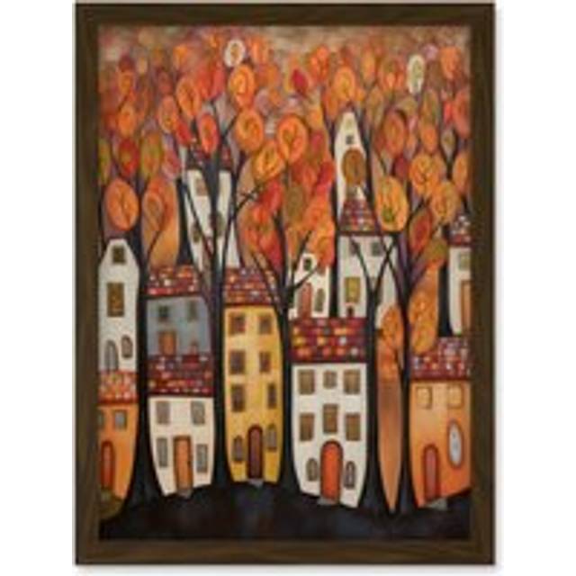 Cityscape With Trees In Autumn Contemporary Folk Art Painting Artwork Framed Wall Art Print A4 - Brown - One Size