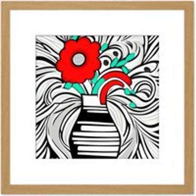 Abstract Flower In A Vase Poppy Swirls Red Teal Painting Square Wooden Framed Wall Art Print Picture 8X8 Inch - Tan - One Size