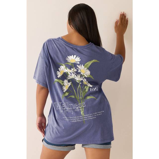 Yours Curve Blue 'Wellness' Daisy Back Print Tshirt, Women's Curve & Plus Size, Yours - 16