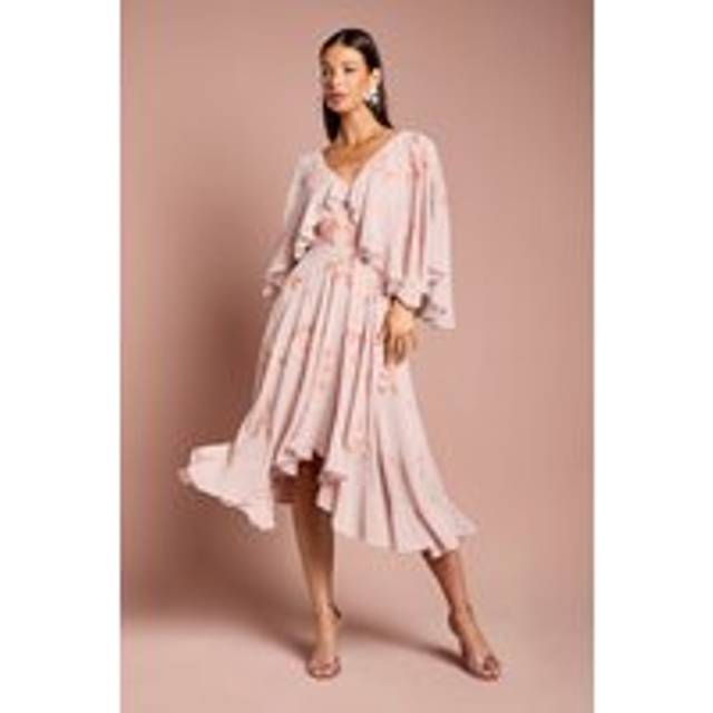 Embellished Frill Cape Midi Dress - Nude - 12