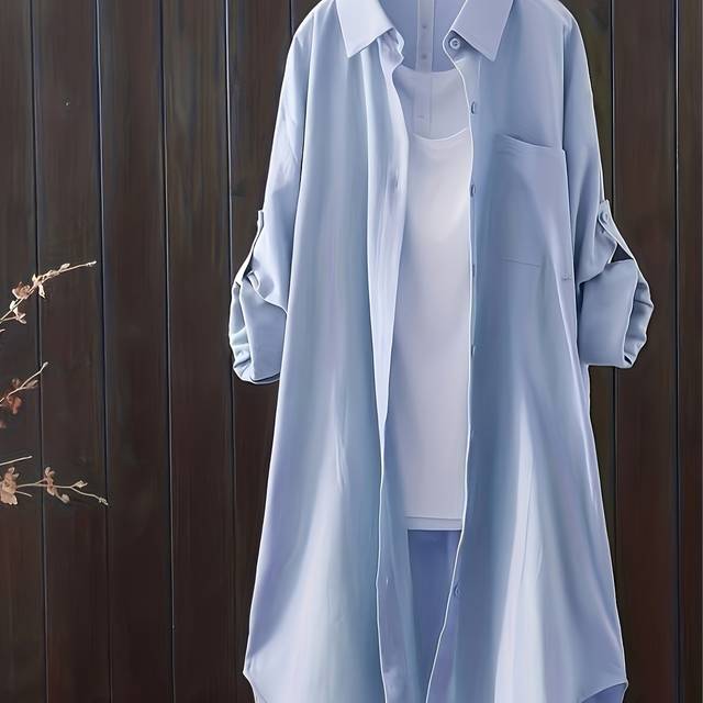 TEMU Women's Plus Size Casual Oversized Long Shirt - Solid Black Midi Blouse With Button Details, Lightweight Polyester & Spandex Blend, Spring/summer, Ladies Blouses