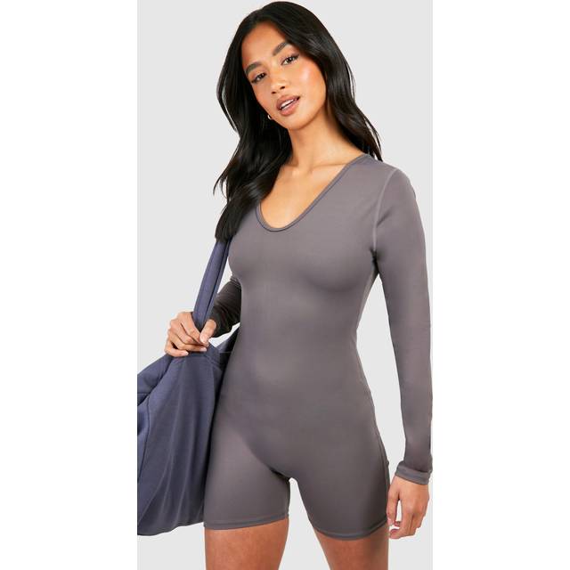 Womens Petite Super Soft Peached Long Sleeve Unitard - Grey - 8, Grey