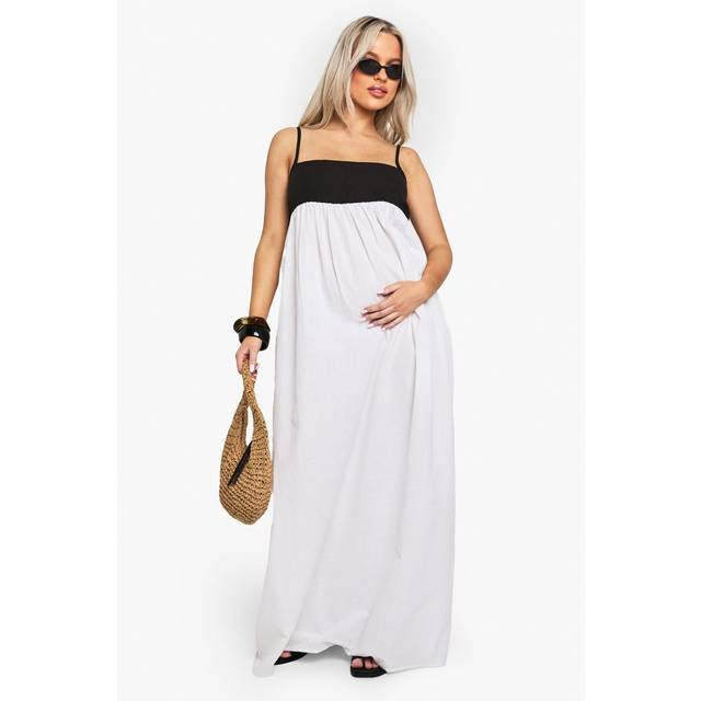 Womens MATERNITY CONTRAST LINEN SMOCK MAXI DRESS - Black - 14