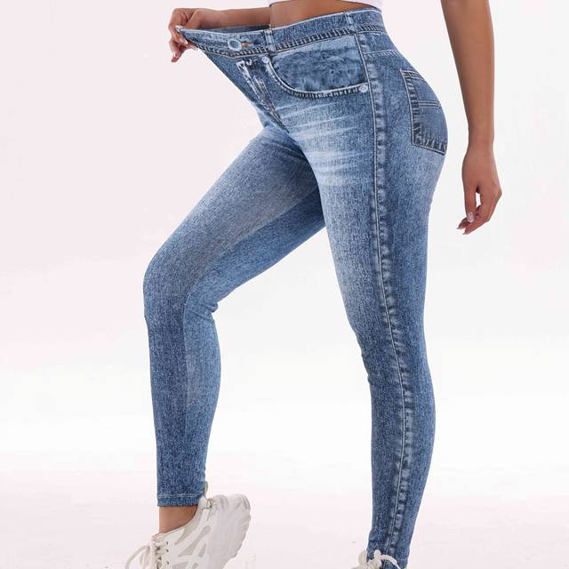 TEMU Women's High-waisted Stretchy Denim Leggings - 7/8 Length Printed Pants, Machine Washable For Workouts & Casual Outfits