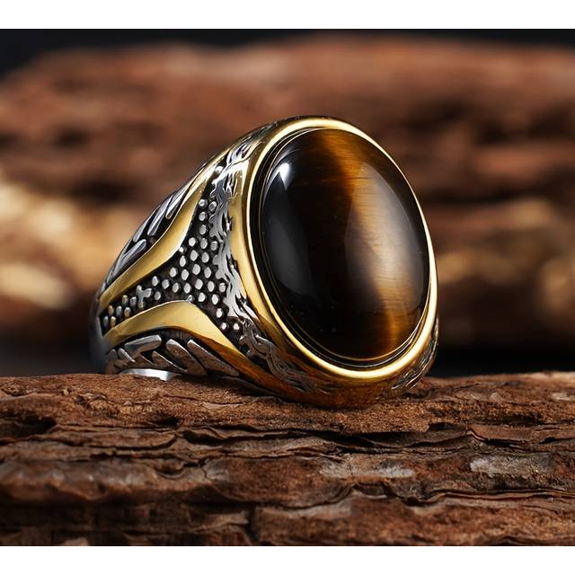 TEMU Men's Vintage-inspired 316l Stainless Steel Ring With Natural Eye Stone - Elegant Golden-tone Design, Gifts, Single Ring, Vintage Style, Stainless Steel Ban