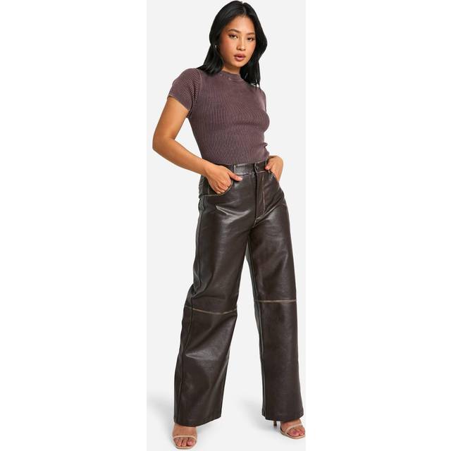 Womens Petite Vintage Wash Faux Leather Wide Leg Trousers - Brown - 8