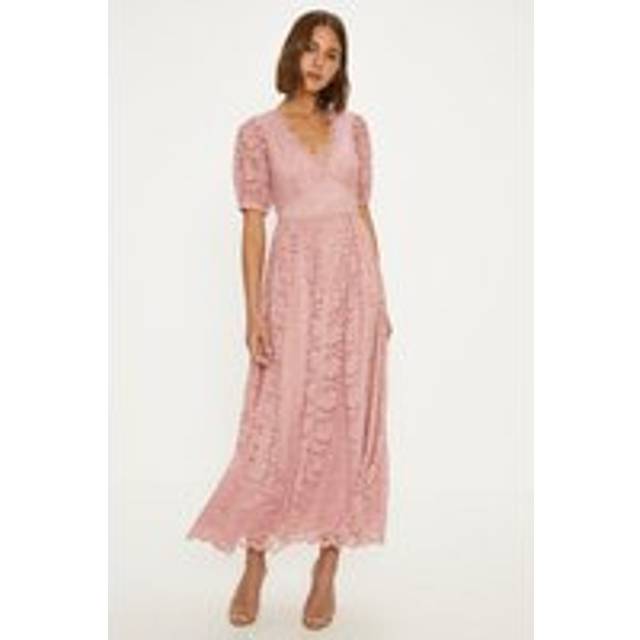 Lace Puff Sleeve V Neck Midaxi Dress - Dusty Pink