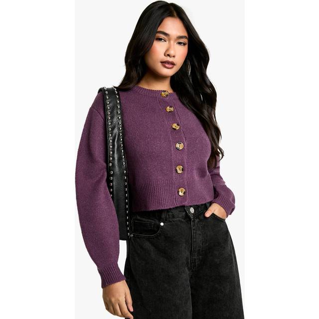Womens Crew Neck Puff Sleeve Soft Knit Micro Cardigan - Purple - M