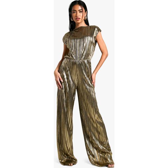 Womens Metallic Plisse Cap Sleeve Jumpsuit - Gold - 8, Gold