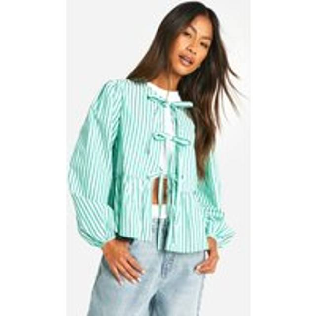 Womens Green Stripe Tie Front Puff Long Sleeve Smock Top - 12, Green