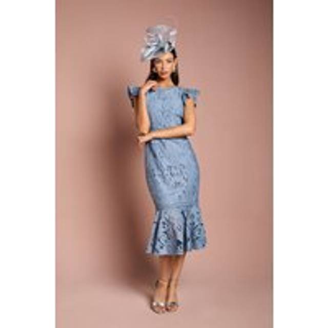 Frill Sleeve Lace Flute Hem Dress - Grey Blue - 10