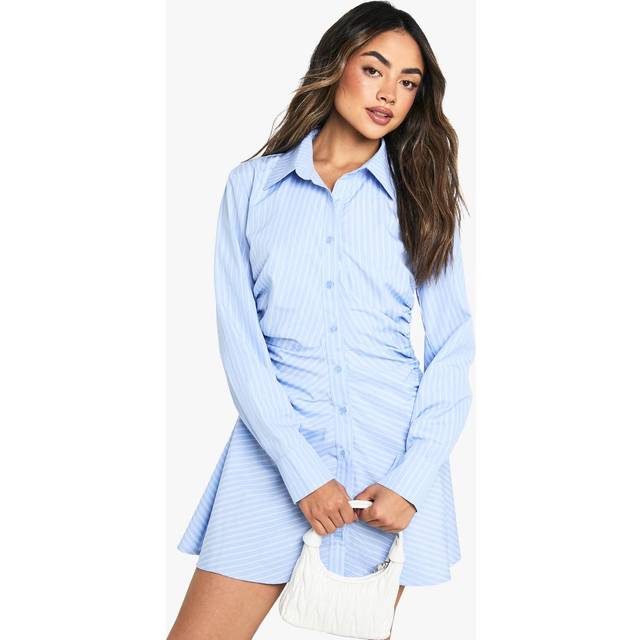 Womens Stripe Cinched Waist Skater Shirt Dress - Blue - 16