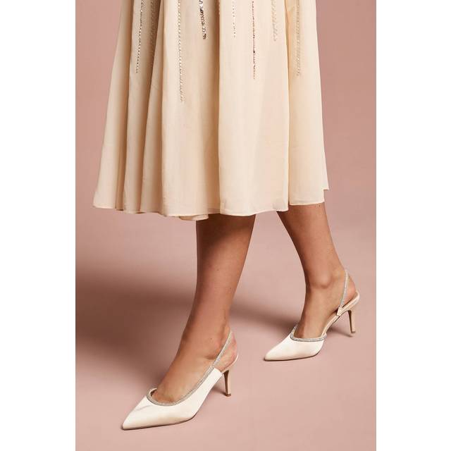 Wide Fit Sabrina Satin Diamante Trim Slingback High Stiletto Court Shoes - Champagne - 5