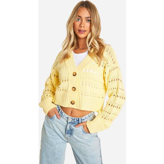 Womens Crochet Button Through Crop Cardigan - Yellow - M, Yellow