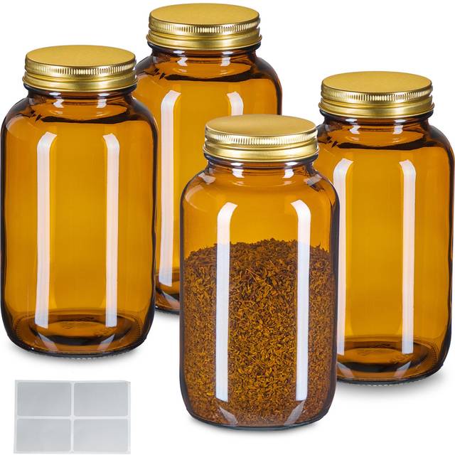 Relaxdays - Amber Glass Jars, Set of 4, 400 ml, with Lids & Labels, Herb & Spice Storage, Medicine, Pantry, Brown/Gold