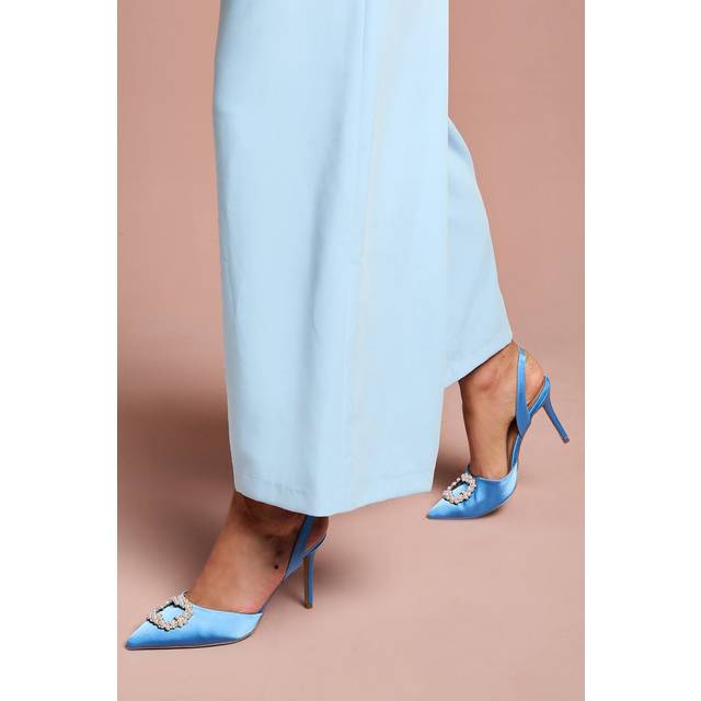 Selene Satin Pearl Trim Slingback High Heel Court Shoes - Blue - 6