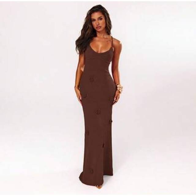SHEIN Women Elegant Solid Color 3D Floral Decor Spaghetti Strap Backless Maxi Knit Dress