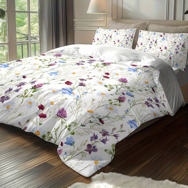 TEMU Extra Large 3pcs Lavender Print Bedding Set, 1 Duvet Cover + 2 Pillowcases, Suitable For Bedroom, Hotel, And Dormitory - Spring/summer Bedding Gift