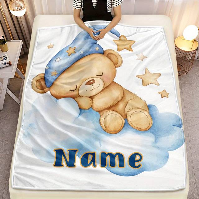 TEMU Personalized Teddy Bear Flannel Blanket - Soft, Lightweight Throw With Name For Sofa, Bed, Camping & Office - Warm Winter , 31.5x47.2 Inches, Cute Sleeping With Stars