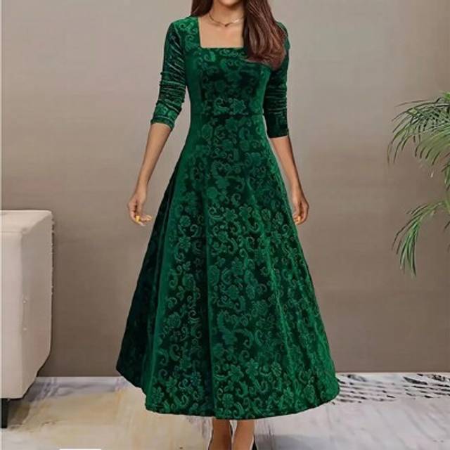 SHEIN Floral Pattern Square Neck Velvet Dress, Women&#39;s Winter Elegant Long Sleeve Swing Dress For Autumn/Winter