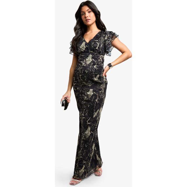 Womens Maternity Mesh Snake Print Ruffle Sleeve Plunge Maxi Dress - Multi - 8