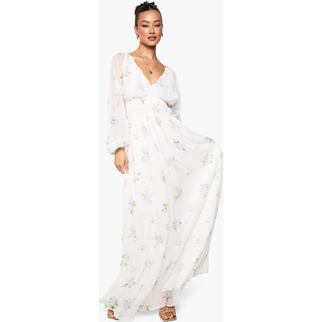 Womens Tall Chiffon Floral Volume Sleeve Ruched Waist Maxi Dress - White - 8