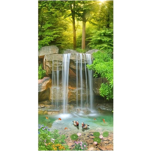 TEMU 5mil Thick Frosted Anti-spy Privacy Window Film - Electrostatic No-glue Sticker With Vibrant Forest & Waterfall Design, Enhances Aesthetic & Light Filtering For Decor, Decorative Privacy Film