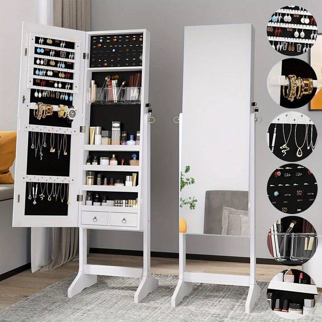 TEMU Jewellery Cabinet Lockable Jewellery Armoire W/ Mirror Cosmetics Storage Cabinet, Jewelry Armoires