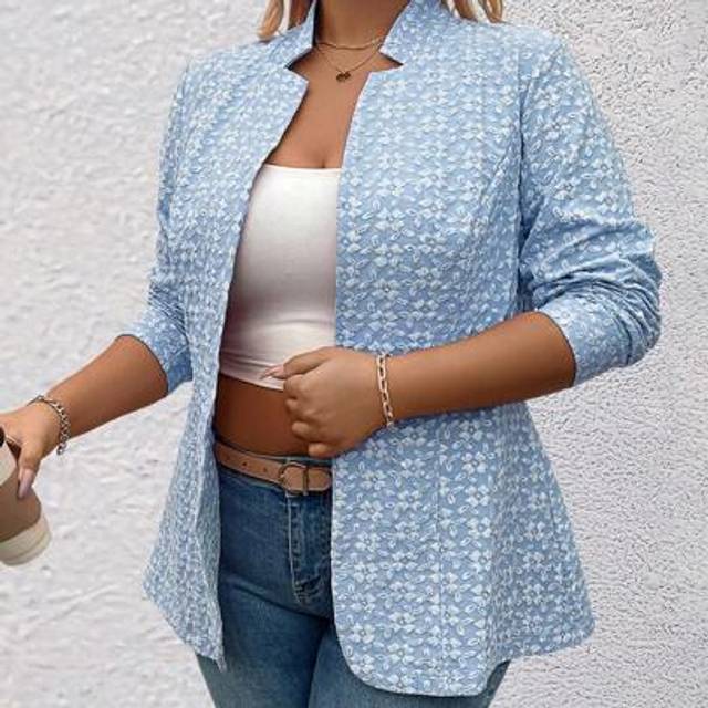 SHEIN Plus Size Pink Jacquard Mid-Length Slim-Fit Thin Blazer Graduation,Back To School,Teacher Outfits For Women